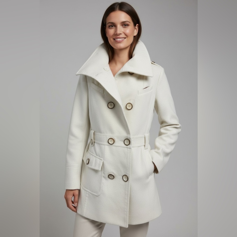 Joujou Women's Pea Coat Double Breasted, White Vintage,Tapered,Size Small